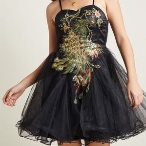 Embroidered Peacock Black Tulle Dress